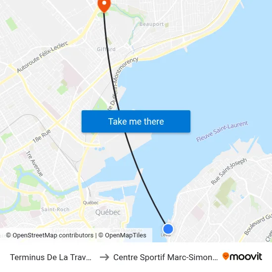 Terminus De La Traverse to Centre Sportif Marc-Simoneau map