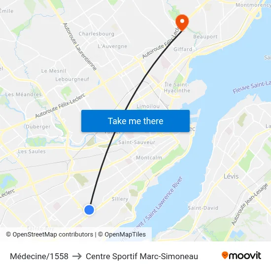 Médecine/1558 to Centre Sportif Marc-Simoneau map