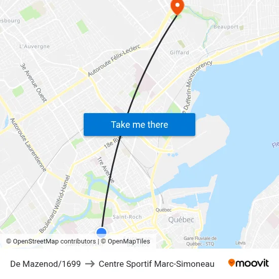 De Mazenod/1699 to Centre Sportif Marc-Simoneau map