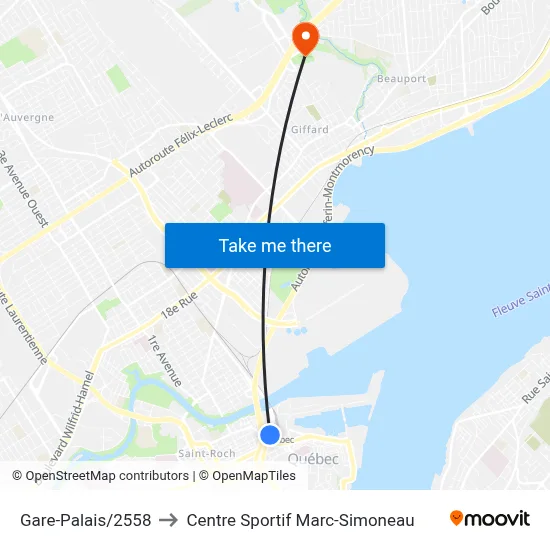Gare-Palais/2558 to Centre Sportif Marc-Simoneau map