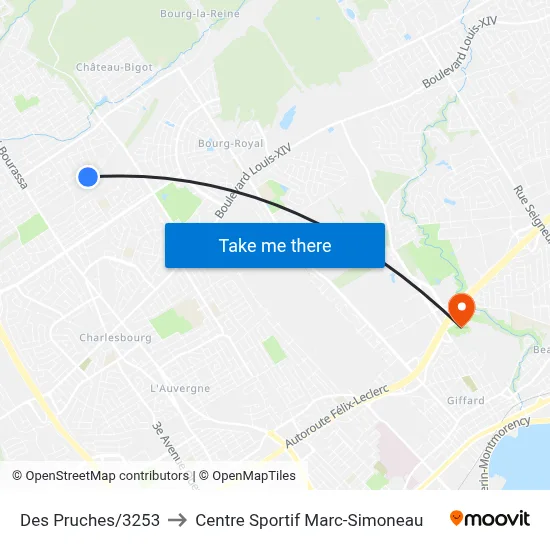 Des Pruches/3253 to Centre Sportif Marc-Simoneau map