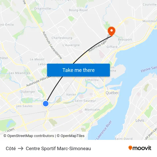 Côté to Centre Sportif Marc-Simoneau map