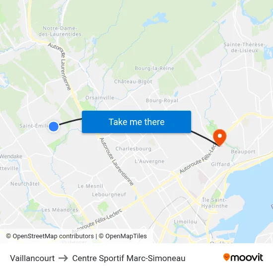 Vaillancourt to Centre Sportif Marc-Simoneau map