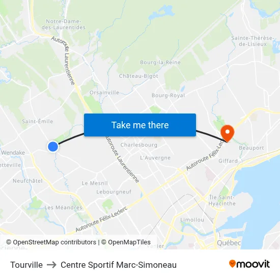 Tourville to Centre Sportif Marc-Simoneau map