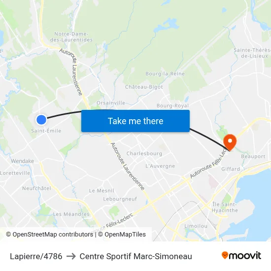 Lapierre/4786 to Centre Sportif Marc-Simoneau map