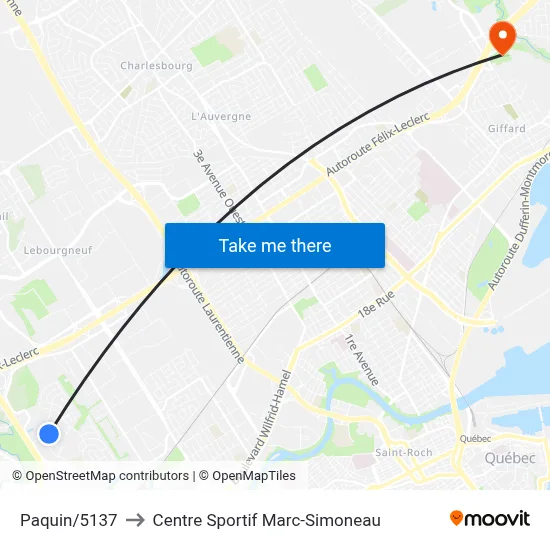 Paquin/5137 to Centre Sportif Marc-Simoneau map