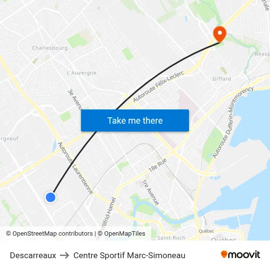 Descarreaux to Centre Sportif Marc-Simoneau map