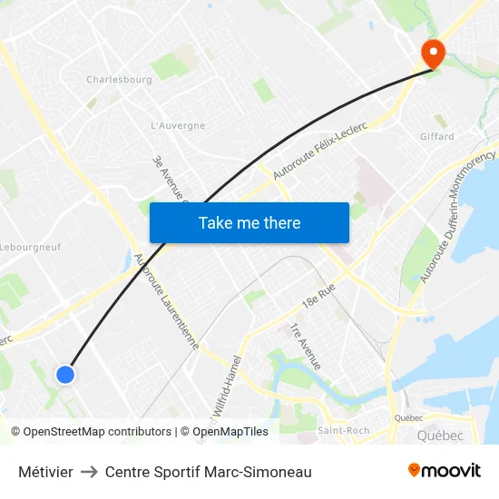 Métivier to Centre Sportif Marc-Simoneau map