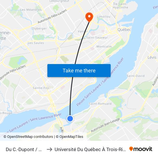 Du C.-Dupont / De L'Étang Ouest to Université Du Québec À Trois-Rivières (Campus De Québec) map