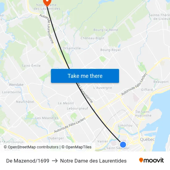 De Mazenod/1699 to Notre Dame des Laurentides map