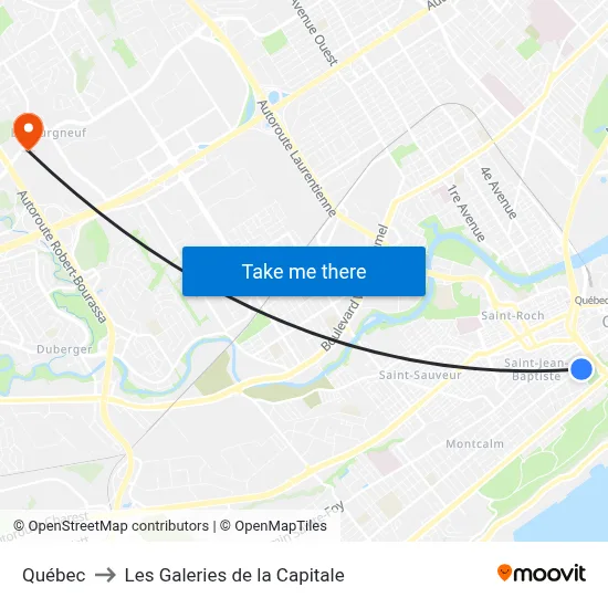 Québec to Les Galeries de la Capitale map