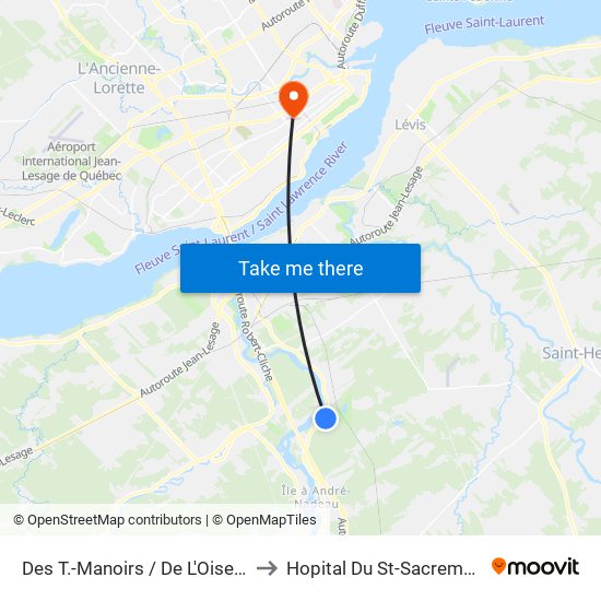 Des T.-Manoirs / De L'Oiselet to Hopital Du St-Sacrement map