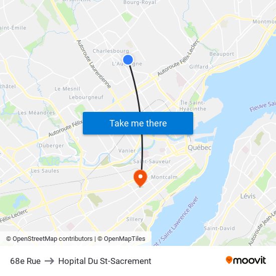 68e Rue to Hopital Du St-Sacrement map