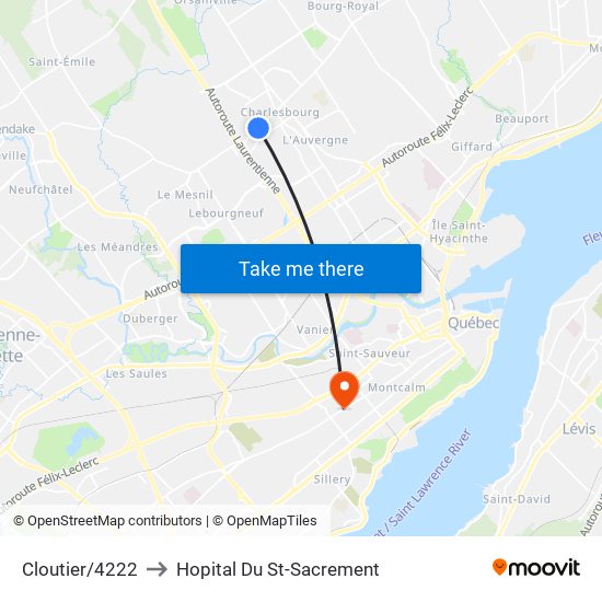 Cloutier/4222 to Hopital Du St-Sacrement map