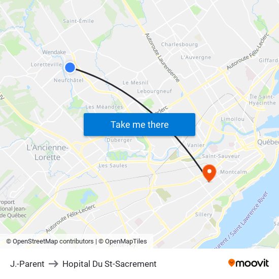 J.-Parent to Hopital Du St-Sacrement map