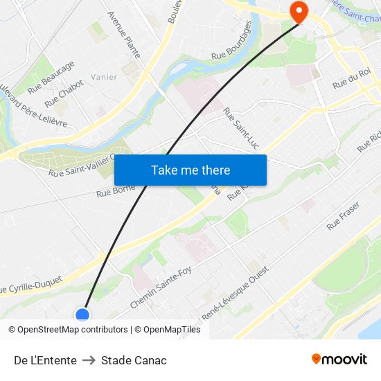 De L'Entente to Stade Canac map