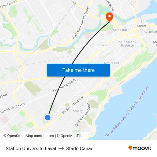 Station Université Laval to Stade Canac map
