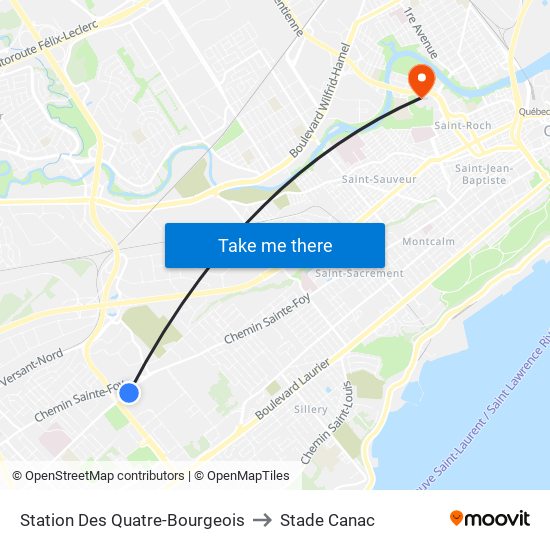 Station Des Quatre-Bourgeois to Stade Canac map