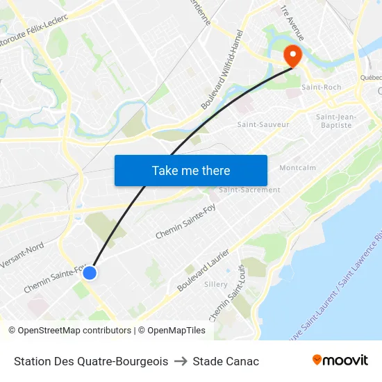 Station Des Quatre-Bourgeois to Stade Canac map