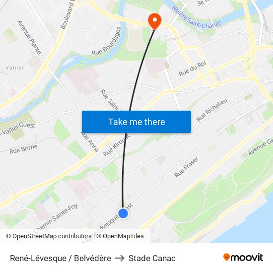 René-Lévesque / Belvédère to Stade Canac map