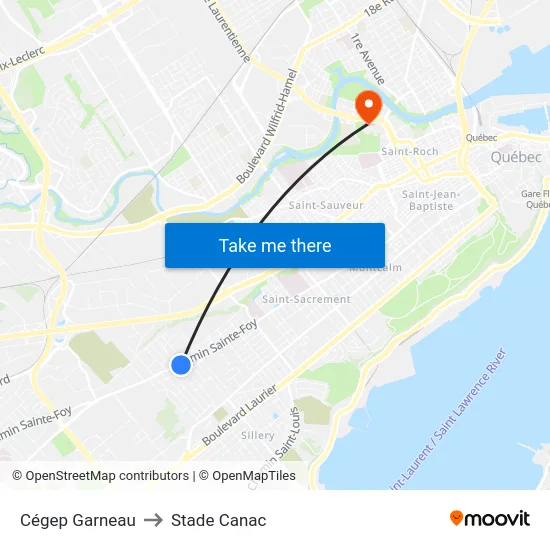 Cégep Garneau to Stade Canac map