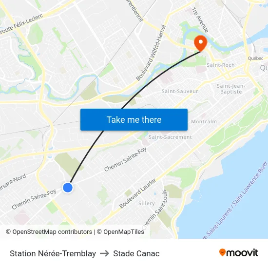 Station Nérée-Tremblay to Stade Canac map