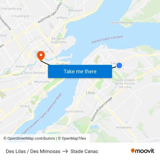 Des Lilas / Des Mimosas to Stade Canac map