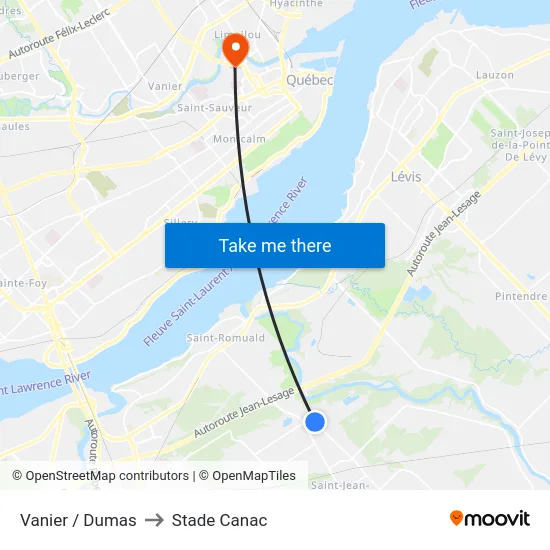 Vanier / Dumas to Stade Canac map