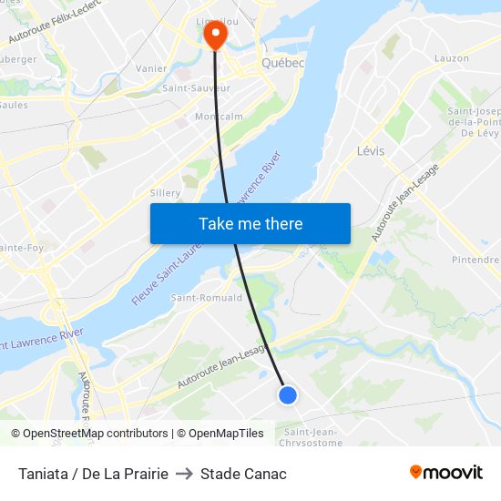 Taniata / De La Prairie to Stade Canac map