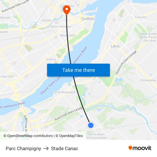 Parc Champigny to Stade Canac map