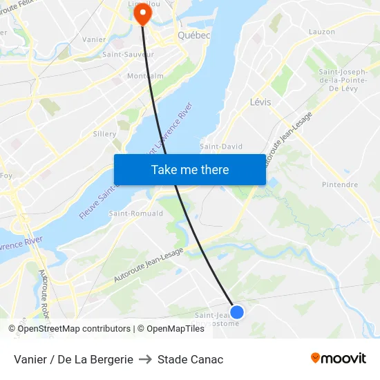 Vanier / De La Bergerie to Stade Canac map