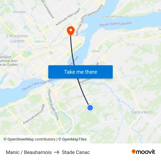 Manic / Beauharnois to Stade Canac map