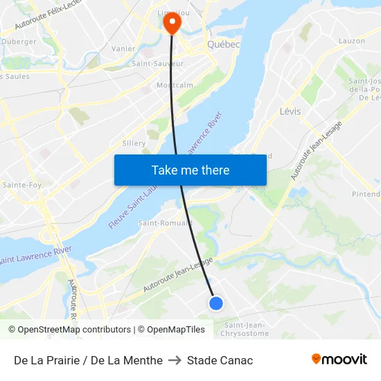 De La Prairie / De La Menthe to Stade Canac map