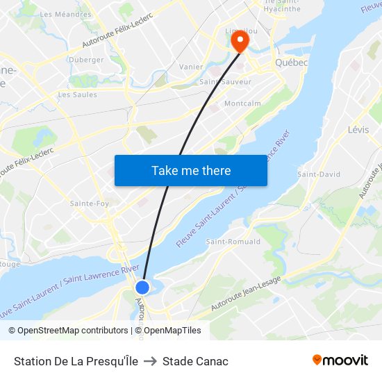 Station De La Presqu'Île to Stade Canac map