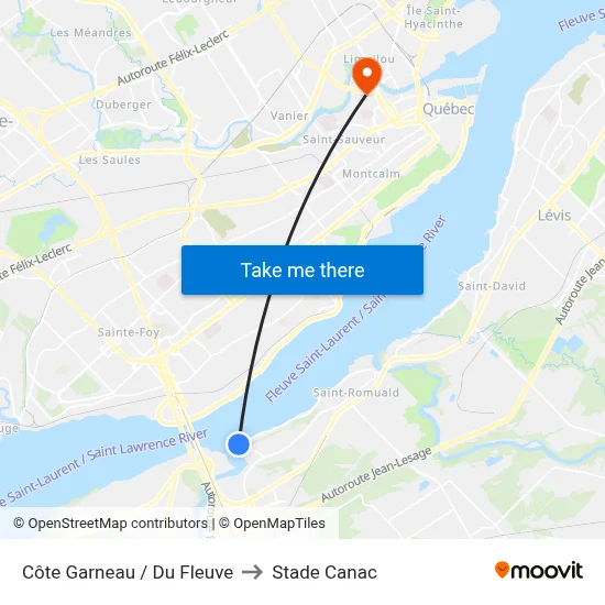 Côte Garneau / Du Fleuve to Stade Canac map
