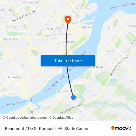 Beaumont / De St-Romuald to Stade Canac map
