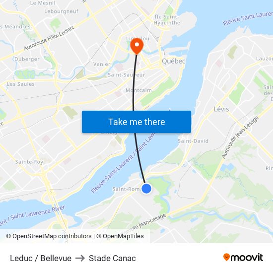 Leduc / Bellevue to Stade Canac map