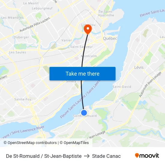 De St-Romuald / St-Jean-Baptiste to Stade Canac map