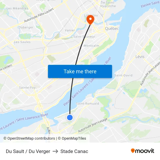 Du Sault / Du Verger to Stade Canac map