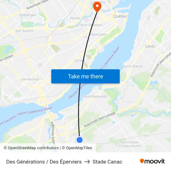 Des Générations / Des Éperviers to Stade Canac map