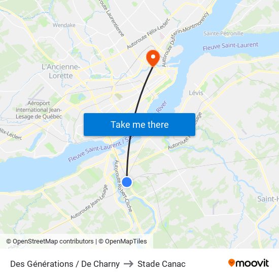 Des Générations / De Charny to Stade Canac map