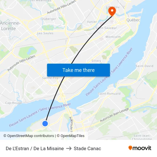 De L'Estran / De La Misaine to Stade Canac map
