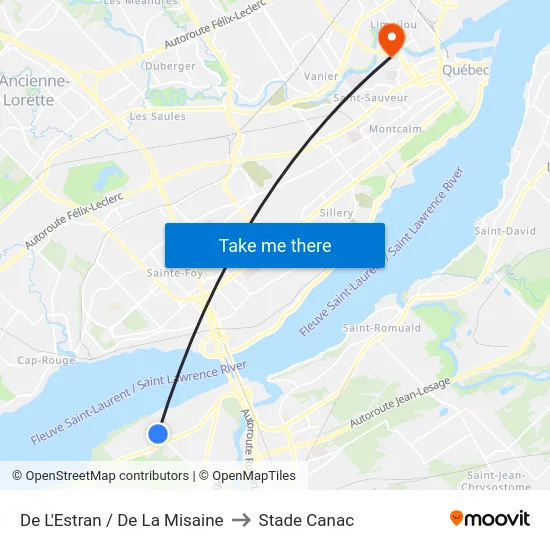De L'Estran / De La Misaine to Stade Canac map