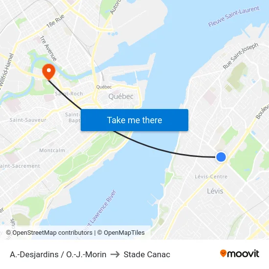 A.-Desjardins / O.-J.-Morin to Stade Canac map