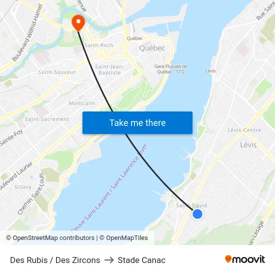 Des Rubis / Des Zircons to Stade Canac map