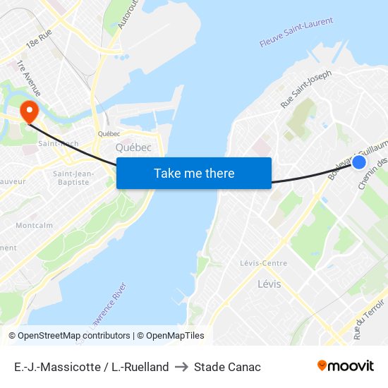 E.-J.-Massicotte / L.-Ruelland to Stade Canac map