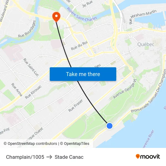 Champlain/1005 to Stade Canac map