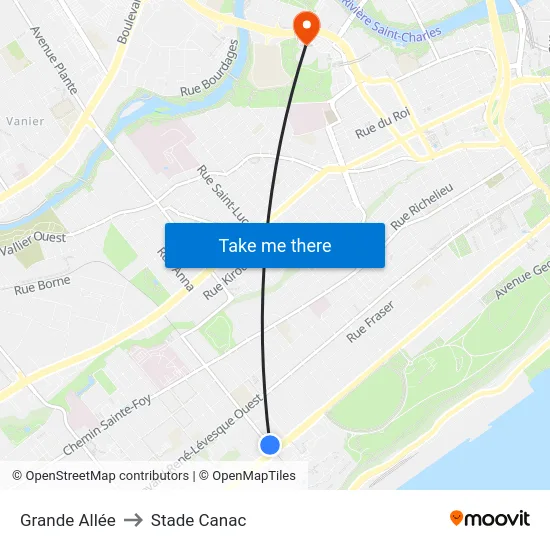Grande Allée to Stade Canac map
