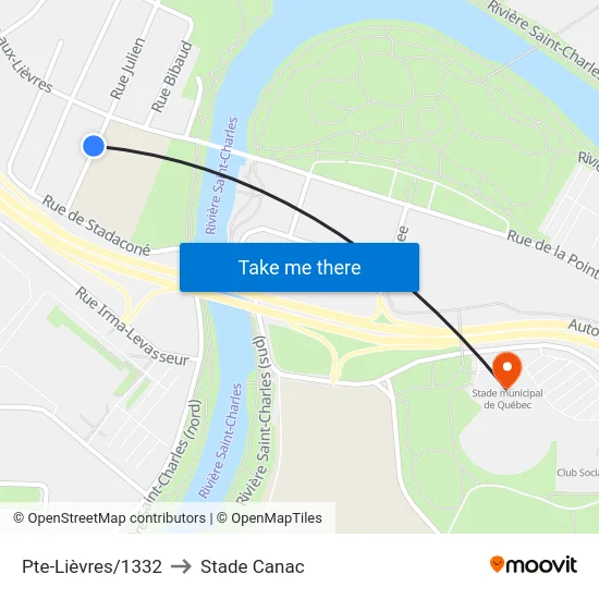 Pte-Lièvres/1332 to Stade Canac map