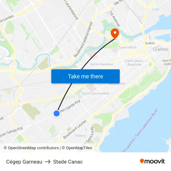 Cégep Garneau to Stade Canac map